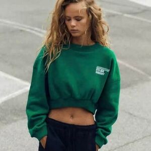 Zara Women's Sweatshirt Size S Green Long Sleeve Crew Neck Logo Manhattan5th Ave